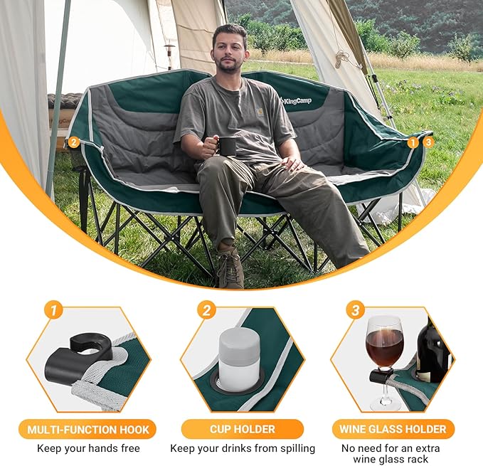 KingCamp 3 Person Camping Chair, Oversized 1100lbs Heavy Duty Loveseat for Adults Portable Folding XL 2 Person Couch Padded Comfortable Three Seat with Cup Holder for Outdoor Lawn Backyard, Green/Grey