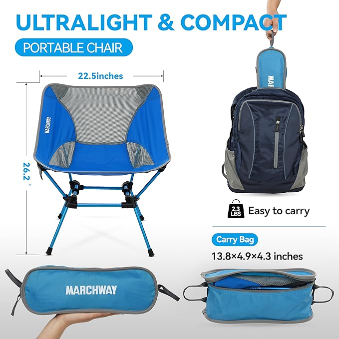 MARCHWAY Ultralight Folding Camping Chair, Heavy Duty Portable Compact for Outdoor Camp, Travel, Beach, Picnic, Festival, Hiking, Lightweight Backpacking (Bright Blue)