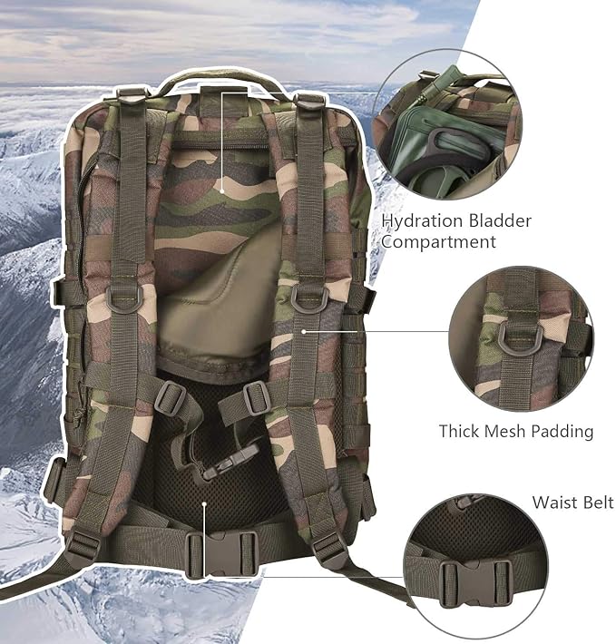 Hannibal Tactical MOLLE Assault Backpack, Tactical Backpack Military Army Camping Rucksack, 3-Day Pack Trip w/Patch, D-Rings, Woodland