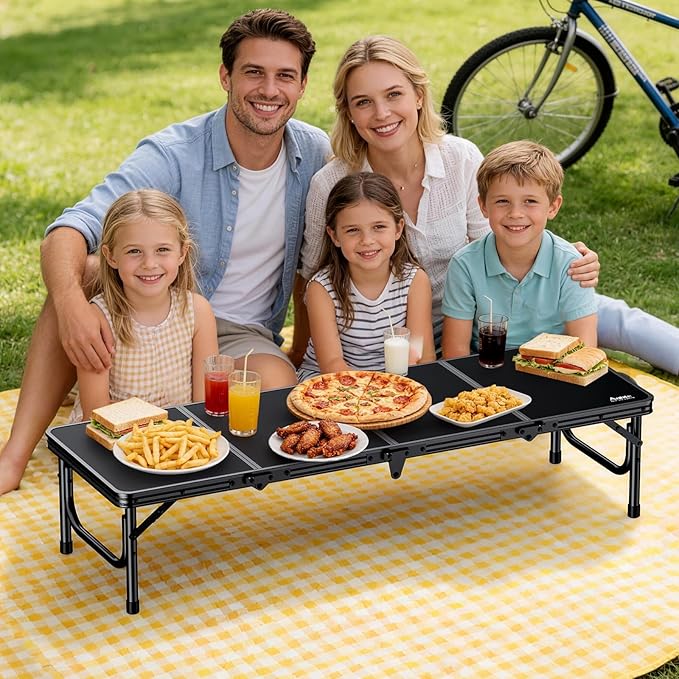 Anbte 4ft Low Folding Picnic Table, Thicker Aluminum Small Camping Table with Storage Bag, Portable Handle, Lightweight, for Camping Beach Party Picnic Floor, 45.67" x 15.7" x 10.3", Black