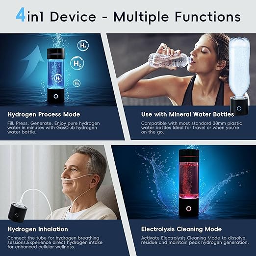 GasClub Hydrogen Water Bottle Generator, 4-in-1, 3000 PPB Portable Hydrogen Water Machine with SPE/PEM Technology, Rechargeable Hydrogen Water Ionizer Machine for Home, Office & Travel