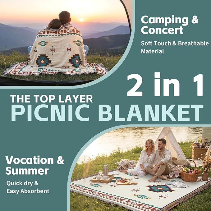 2 in 1 Extra Large Outdoor Picnic Mat Woven Summer Throw Blanket Boho Giant Beach Travel Essential Yoga Accessories Park Patio Lawn Garden Grass Ground Play Music Festival Concert Must Have