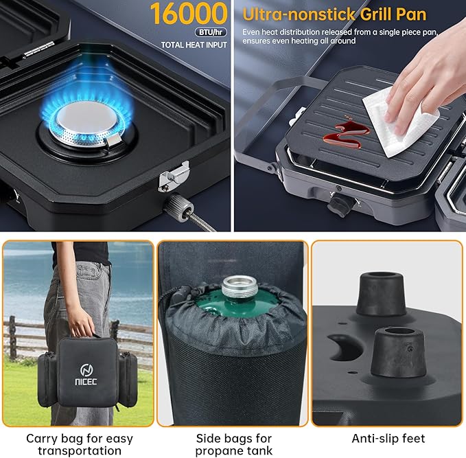 Nice C Camping Stove, Portable Camping Stove Propane, 2 Burner Propane Gas Stove, Mini Propane Grill, 16000 BTU Camp Stove with 2 Burner, Grill & Carry Bag for Camping