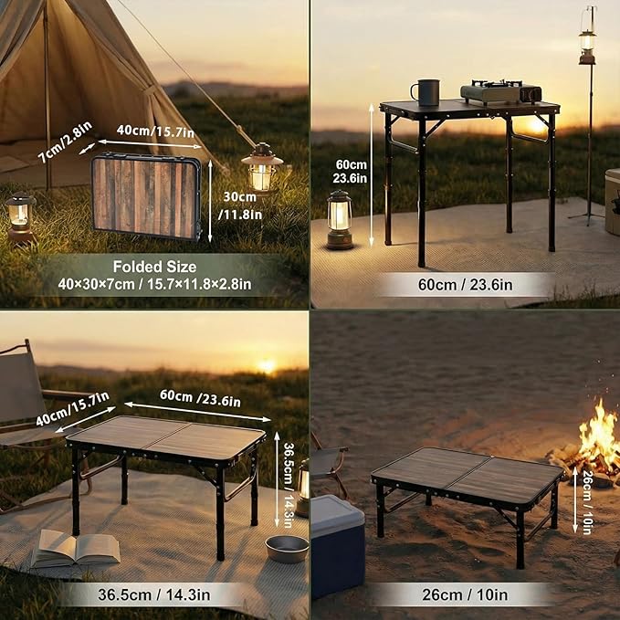 Small Folding Camping Table, 2ft Portable Picnic Table Aluminum 24" x 16" Folding Table, 3 Adjustable Heights Portable Lightweight Table Dining Table for RV, Picnic, Beach (Wood Grain)