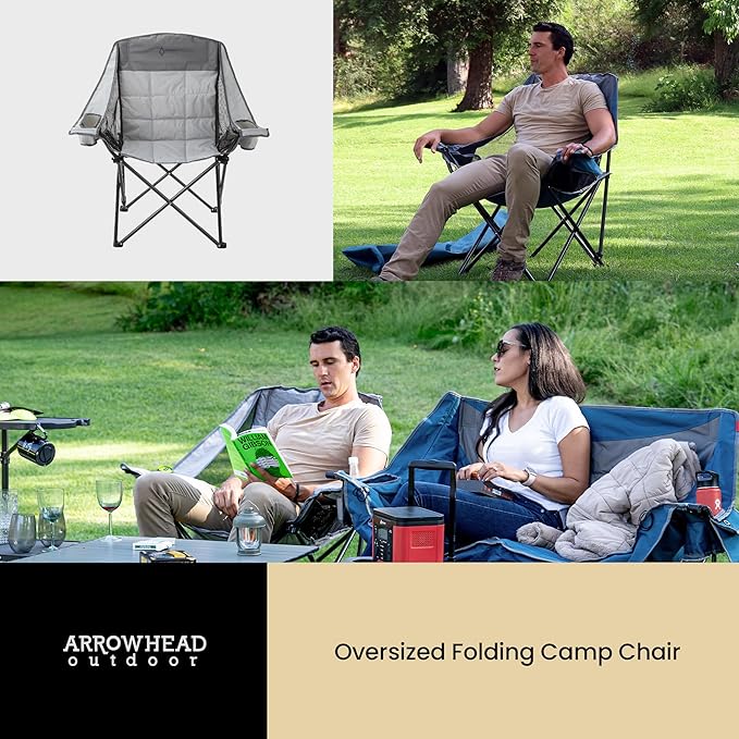 ARROWHEAD OUTDOOR Oversized Folding Camping Chair, Heavy-Duty 300 lbs Capacity, Adjustable Double Cup Holder, Mesh Panels, Inner Storage Pockets & Carry Bag