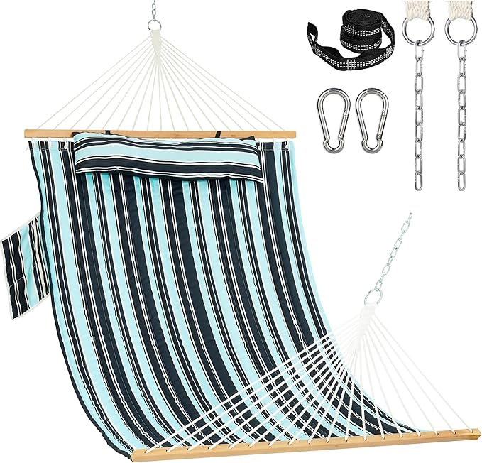Lazy Daze Hammocks 2 Person Double Quilted Fabric Hammock with Spreader Bar, Detachable Pillow, Side Pocket, Carabiners, Chains, Straps for Outdoor, 450lbs Capacity, Aqua Navy