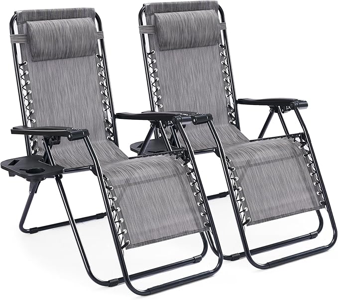 Sweetcrispy Zero Gravity Chairs, Set of 2 Portable Recliner Beach Camping Patio Outdoor Folding Lounge Chair with Cup Holder Trays and Adjustable Pillow for Poolside, Garden, Backyard, Lawn (Grey)
