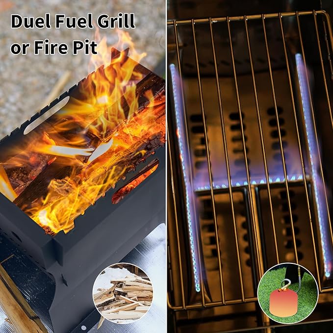 Camping Grill Fire Pit, 2 in 1 Portable Duel Fuel Charcoal or Gas Grill or Fire Pit, Detachable Steel Kabob Camp Grills Bonfire Stove with Hose for Outdoor Cooking BBQ for 13 Skewers