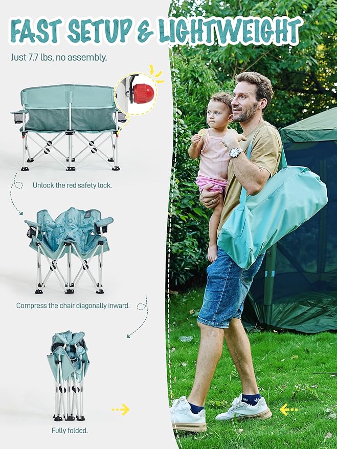 EVER ADVANCED Kids Double Camping Chair, Foldable Loveseat for Siblings & Twins with Cup Holders, Padded Kid Chair with Mesh Pocket, Portable Outdoor Sofa for Beach, Playroom, Supports 300lbs, Green