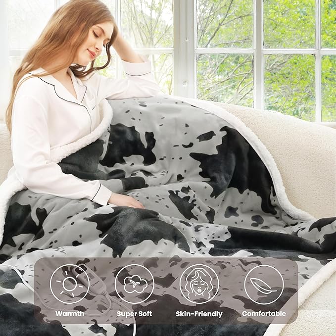 Heated Blanket Twin Blanket - Fast Heating Electric Blanket, Soft Flannel Heated Twin with 4 Time Settings,10 Heating Settings, Warm Gifts for Women & Mom & Grandma(62"x84"Cow Print Grey)