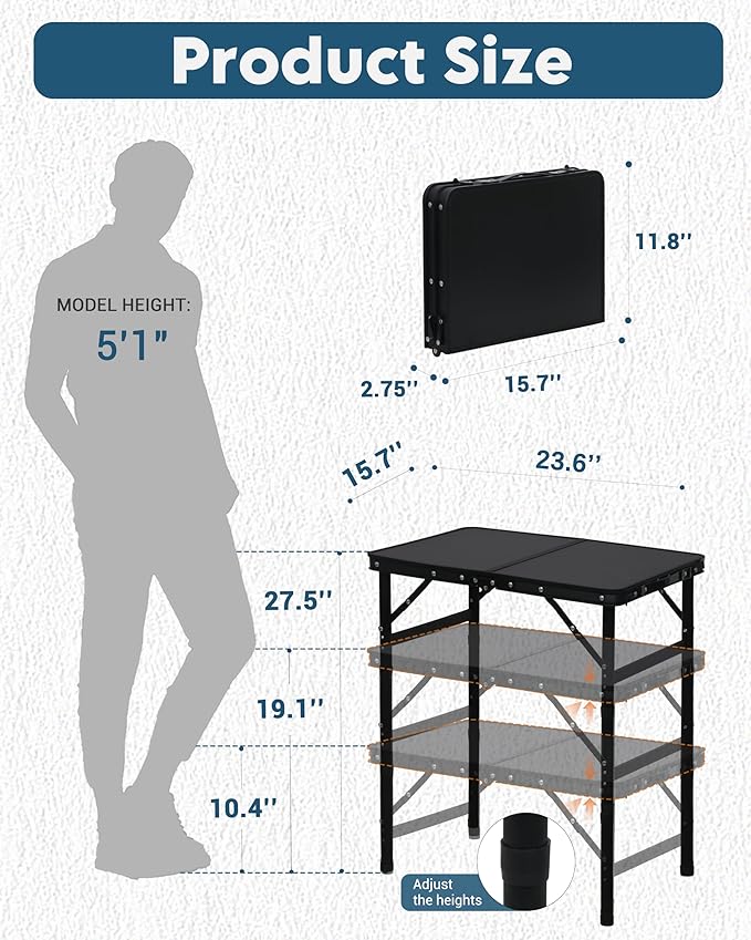 LOFTEY Small Folding Camping Table, 2ft Aluminum Portable Folding Table, 3 Adjustable Heights | Portable Handle | Lightweight for Travel & Outdoor, 23.6" x 15.7" x 27.5"H, Black
