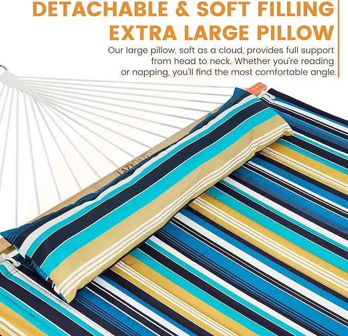 Lazy Daze Hammocks 2 Person Double Quilted Fabric Hammock with Spreader Bar, Detachable Pillow, Side Pocket, Carabiners, Chains, Straps for Outdoor, 450lbs Capacity, Beach Stripes