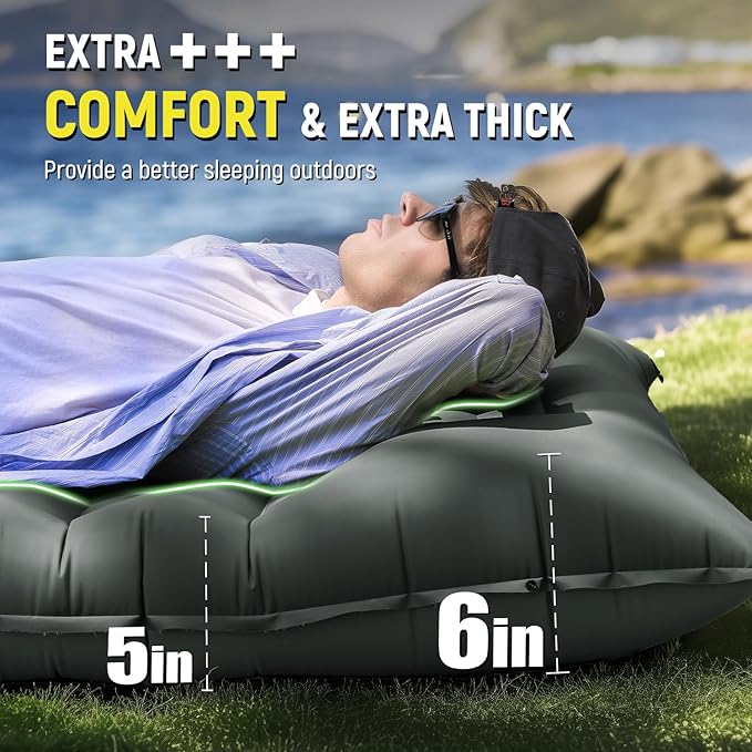 Myxslop Inflatable Camping Sleeping Pad with Pillow, 5" Extra-Thick Ultralight Inflatable Sleeping Mat with Built-in Pump, Camping Air Mattress Compact for Backpacking Hiking Trap Traveling (Grey)