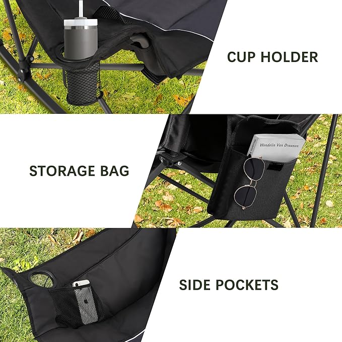 Unisakey Oversized Rocking Camping Chair with Headrest & Cup Holder - 400lbs Capacity, 600D Oxford Fabric, Easy Fold Portable Outdoor Rocker Chair for Camping, Backyard, Beach, Deep Gray
