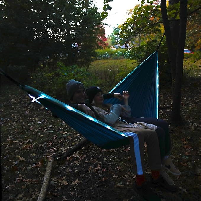 Equip Outdoors Portable Camping Illuminated Hammock, Hanging Kit Included, Two Person Light Up Hammock, Blue, 124'' L x 77'' W (99554)