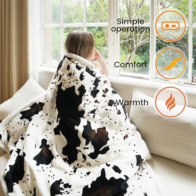 Heated Blanket Twin Blanket - Fast Heating Electric Blanket, Soft Flannel Heated Twin with 4 Time Settings,10 Heating Settings, Warm Gifts for Women & Mom & Grandma(62"x84"Cow Print White)