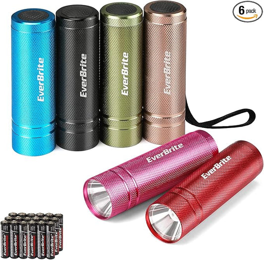 EverBrite 6-Pack Mini Flashlight Set, Aluminum LED Handheld Torches with Lanyard, Assorted Colors, 18 AAA Batteries Included for Emergency, Camping, Power Outage, Bulk Holiday Gifts