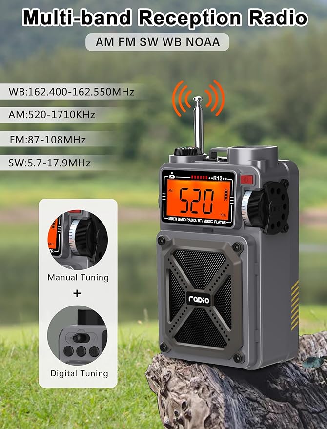 Digital Shortwave Radio with Bluetooth 5.4,AM/FM/SW with NOAA Weather Alert, 4000mAh Emergency Radio Hand Crank Solar,5W Speaker/SOS/Flashlight/Support SD Card USB MP3 Player for Emergency