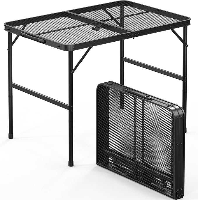 VINGLI Outdoor Grill Table, Folding Camping Table, 3 ft Portable Picnic Table Adjustable Height, Lightweight Aluminum Tables for Outside, Beach, Patio, Party, Black