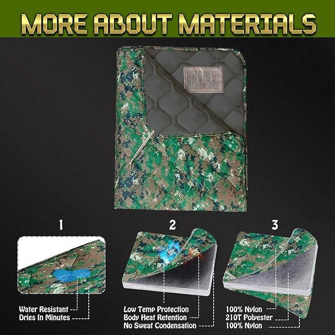 Lenotos Woobie Blanket, Thermal Insulated Military Poncho Liner, Water-Resistant, Portable, Insulation, for Hiking, Survival with Compression Carry Bag (Marpat)