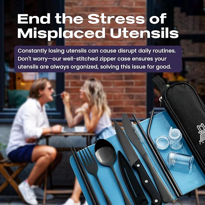 Taplord Portable Travel Silverware Set With Case, Includes 10 Pcs of Travel Utensils With Case, Stainless Steel Flatware Set For Camping, Lightweight (Black)