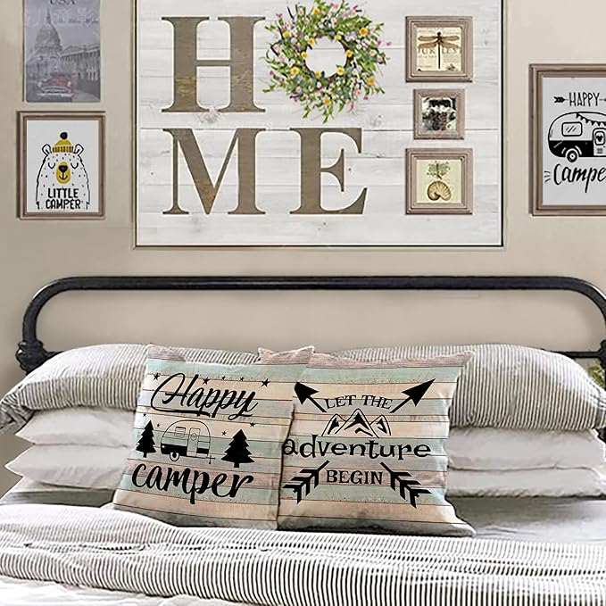 Happy Camper Pillow Covers Vintage Rustic Wood Background Inspirational Quotes Home Outdoor Decorative Throw Pillow Case Cushion Cover Set of 4 18" x 18"