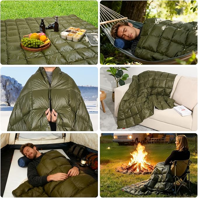 Down Camping Blanket - Lightweight, Packable, Warm & Puffy Outdoor Travel Quilt for Sleep, Hiking, Backpacking, Stadium, Festivals, Water-Resistant Sleeping Bag 55"x79"