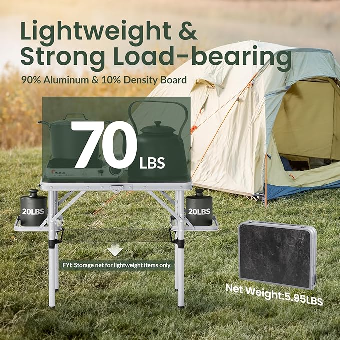 Titanker Folding Camping Table Small 2ft, Small Camp Table Portable with 50% Extra Space, Folding Picnic Beach Table Portable, Car Camping Essentials, Aluminum Light Solid, Silver
