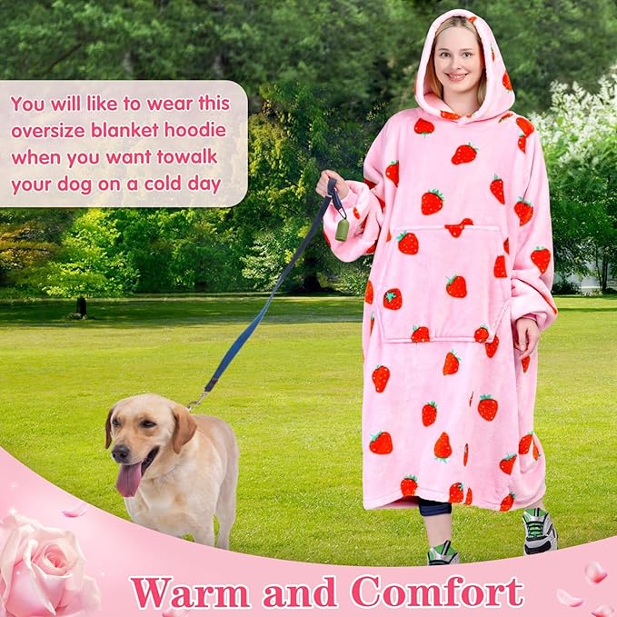 Waitu Wearable Blanket Sweatshirt Gifts for Women and Men, Warm and Cozy Giant Blanket Hoodie, Thick Flannel Blanket with Sleeves and Giant Pocket - Strawberry Pink