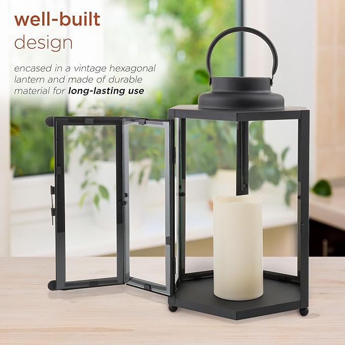 Alpine Corporation 14" Tall Outdoor Hexagonal Battery-Operated Metal Lantern with LED Lights, Black