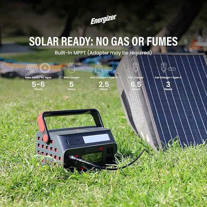 Energizer 293W Portable Power Station, Flashlight, Lithium, Solar Generator, 120V/300W(Peak 600W) Pure Sine Wave AC Outlet, 60W USB-C PD, Case, Outdoor, Home Emergency, Power Outage, RV, Camping, CPAP