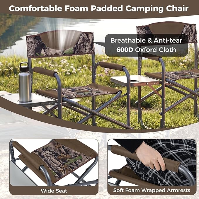 COSTWAY Folding Camping Chair, Lightweight Portable Directors Chair w/Side Table & Cup Holder, Padded Outdoor Heavy Duty Lawn Chair for Fishing, Picnic, Sports, Beach, Max Load 400 lbs (Camouflage,2)