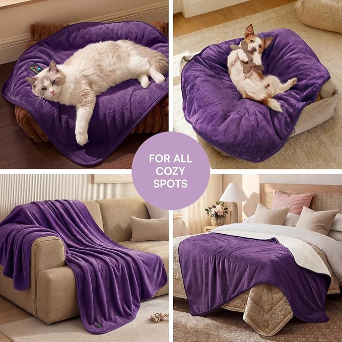 Luciphia Waterproof Blanket for Dog Washable Reversible Sherpa Fleece Throw Blanket for Bed Couch Soft Liquid Pee Proof Furniture Cover Protector for Small Medium Large Pet Cat Purple 85" x 57"