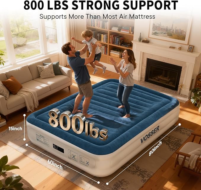 VOSSER Queen Air Mattress with Built-in Pump,Fast & Easy Inflation/Deflation Inflatable Mattress, Foldable Blow Up Mattress with Storage Bag, Inflatable Bed for Home, Camping & Guests