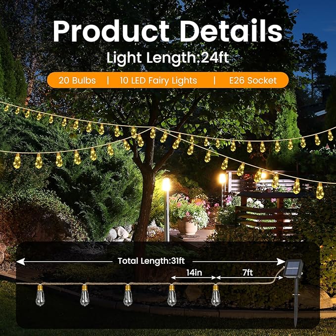 Solar String Lights, 24FT Vintage Rope Hemp Solar Outdoor String Lights with 20 Shatterproof Bulbs, Waterproof 8 Modes Solar Powered Patio Lights for Garden Fence Balcony Camping (Warm White)