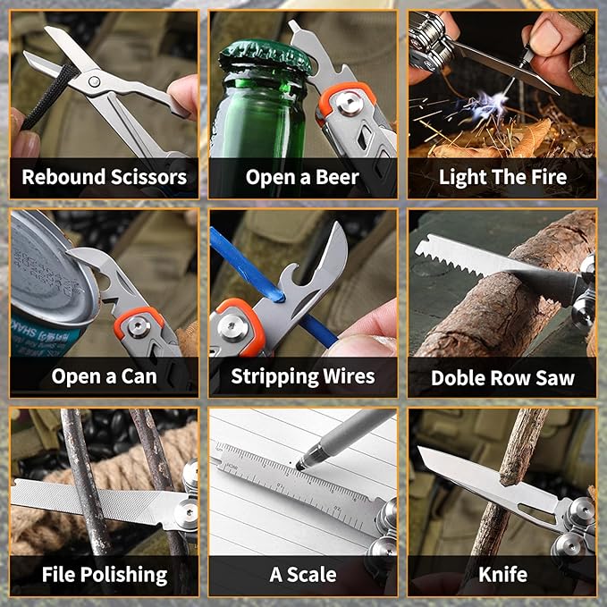 23-in-1 Multitool Pliers with Scissors,Window Breaker, Saw, Screwdrivers,Rope Cutters,Flint, High-carbon Steel Multi Tool with Carrying Pouch Ideal for Camping Survival and Gift for Him Dad Men