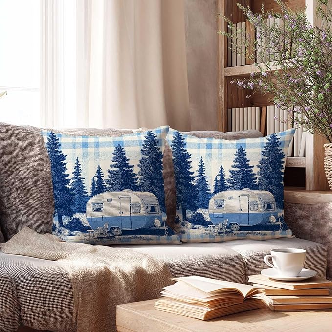 Cabin Throw Pillow Covers 18x18 Set of 2 | Rustic Camping Trailer Cushion Covers | Pine Forest Decorative Pillow Cases for Couch, Sofa, Lodge Bedroom and Lake House Decor