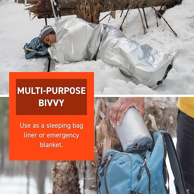 S.O.L. Survive Outdoors Longer SOL Thermal Bivvy w/Rescue Whistle - Reflects up to 80% Body Heat - Waterproof Emergency Blanket for Survival Gear - Silver