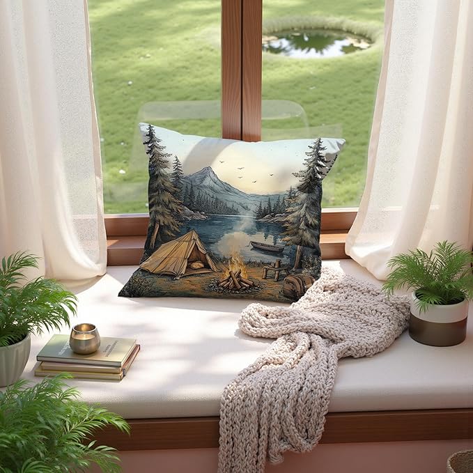 Vintage Mountain Lake Camping Pillow Cover 18x18, Rustic Woodland Campsite Decor, Moody Pine Tree Forest Throw Pillow Cover for Home Bedroom Living Room, Camper Lover Gifts