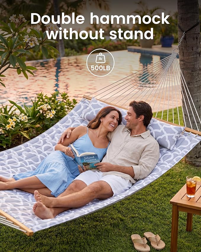 ANAGOO Double Quilted Outdoor Hammock for 2 Adults, 500lb Capacity Backyard & Camping Hammock with Pillow and Bamboo Spreader Bar, Fits 11–15ft Hammock Stands (Stand Not Included),Light Gray