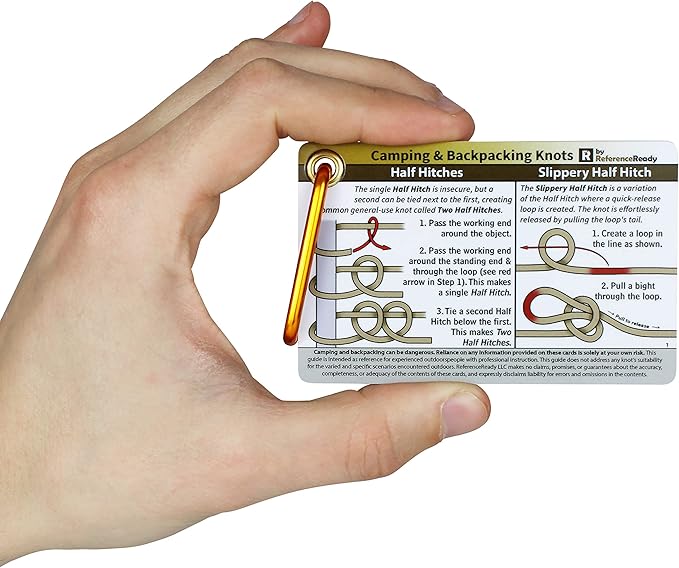 ReferenceReady Outdoor Knots Pocket Guide - Waterproof Knot Tying Cards with Mini Carabiner, 22 Rope Knots for Camping, Backpacking, Scouting and Bushcraft