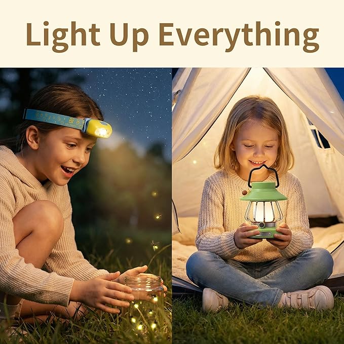 Motion Sensor Headlamp for Kids & Rechargeable Camping Lantern Set - Hands-Free Wave Control, 1200mAh USB-C Charging, 3 Light Modes, Safe for Camping, Emergency - Spring Camping Gear for Kids (Green)