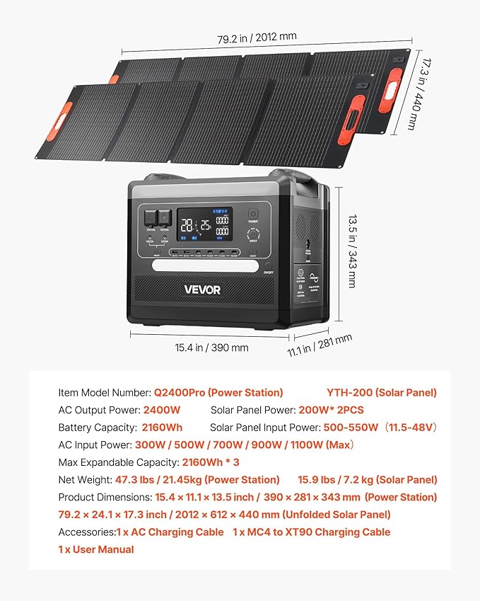 VEVOR Portable Power Station, 2400W Portable Solar Generator with 2PCS * 200W Foldable Solar Panels, 2160Wh Expandable LiFePO4 Battery Backup with 10 Output Ports for Home Backup Outdoor Camping RV