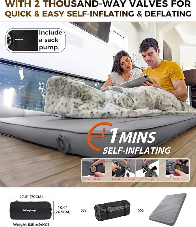 KingCamp PREMIUM DOUBLE Self Inflating Sleeping Pad, 7.5 R-Value Air & Foam Camping Mattress 2 Person, 3" Thick Full Size Double Insulated Sleeping Pad with Pump Sack for Car Camp Tent, PVC Free, Grey