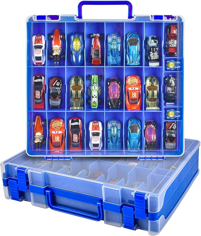 Toy Car Storage Organizer Case Compatible with Hot Wheels/for Matchbox Cars. Display Carrying Container Holder for LOL Surprise Dolls/for Shopkins with 48 Compartments Double Sided-Blue (Box Only)