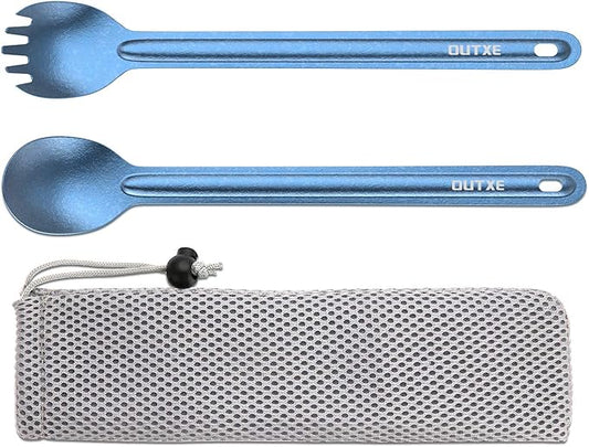 OUTXE Ultralight Titanium Long Handle Fork and Spoon Set