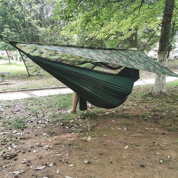Camping Hammock, Double & Single Portable Hammock with Tree Straps, Lightweight Nylon Hammock Swing Set with Net and Rain Fly Tarp and Pocket for Backpacking Hiking Travel Outdoor(Green+Camouflage)