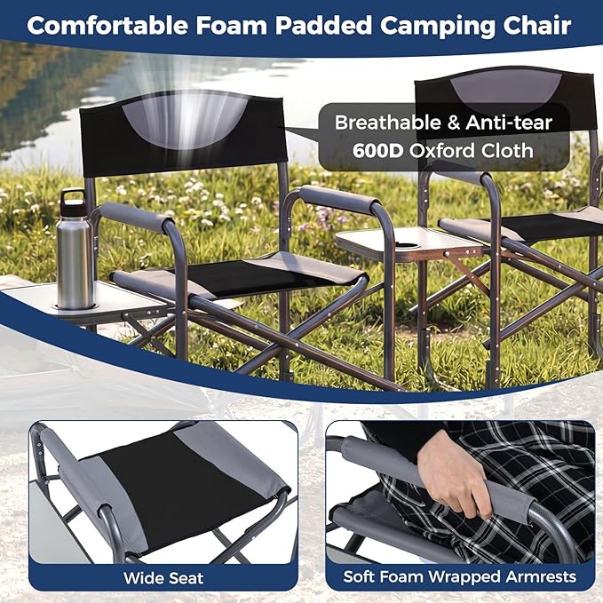 COSTWAY Folding Camping Chair, Lightweight Portable Directors Chair w/Side Table & Cup Holder, Padded Outdoor Heavy Duty Lawn Chair for Fishing, Picnic, Sports, Beach, Max Load 400 lbs (Black,1)