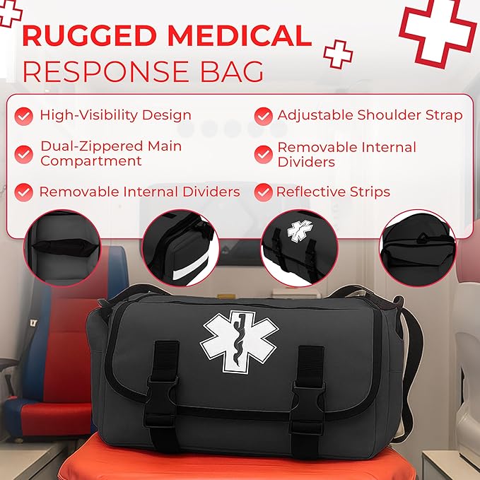 Fully Stocked Trauma Bag – Tactical First Responder Medical Kit with Tourniquet, Vented Chest Seals, Hemostatic Gauze, Trauma Shears, Bandages & Bleeding Control Supplies – Black