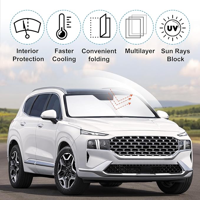 Windshield Sun Shade Custom Fit 2019 2020 2021 2022 2023 Hyundai Santa Fe Accessories Foldable Sunshade Sun Blocker Front Window Shades Covers Keep Car Cooler